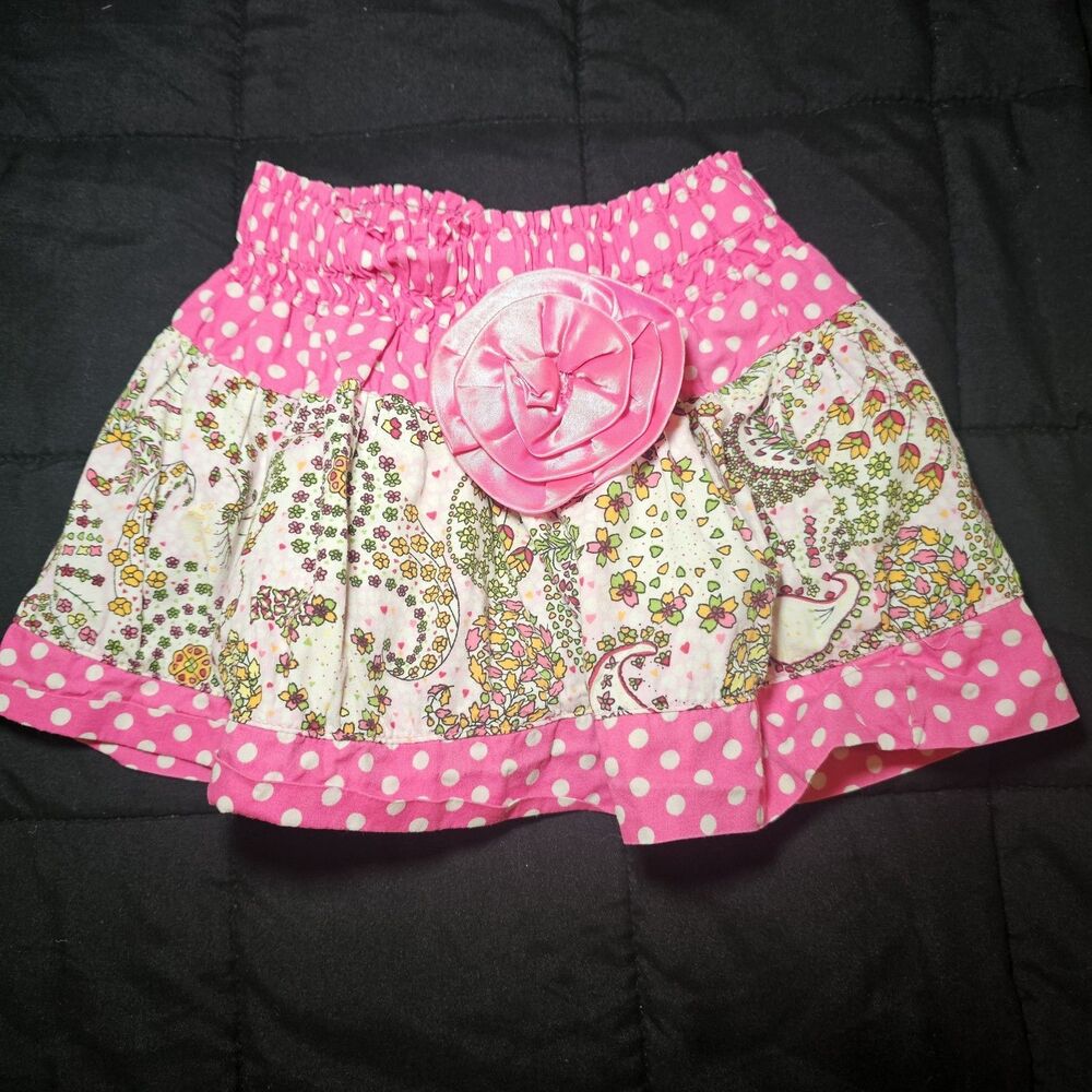 LeLe Vintage Pink Polka Dot And Flowers Skirt 3T Cotton